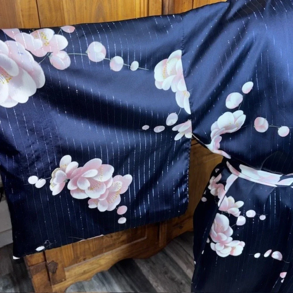 Ichiban Japanese Kimono Robe Navy Blue Pink Floral Cherry Blossom Metallic Japan